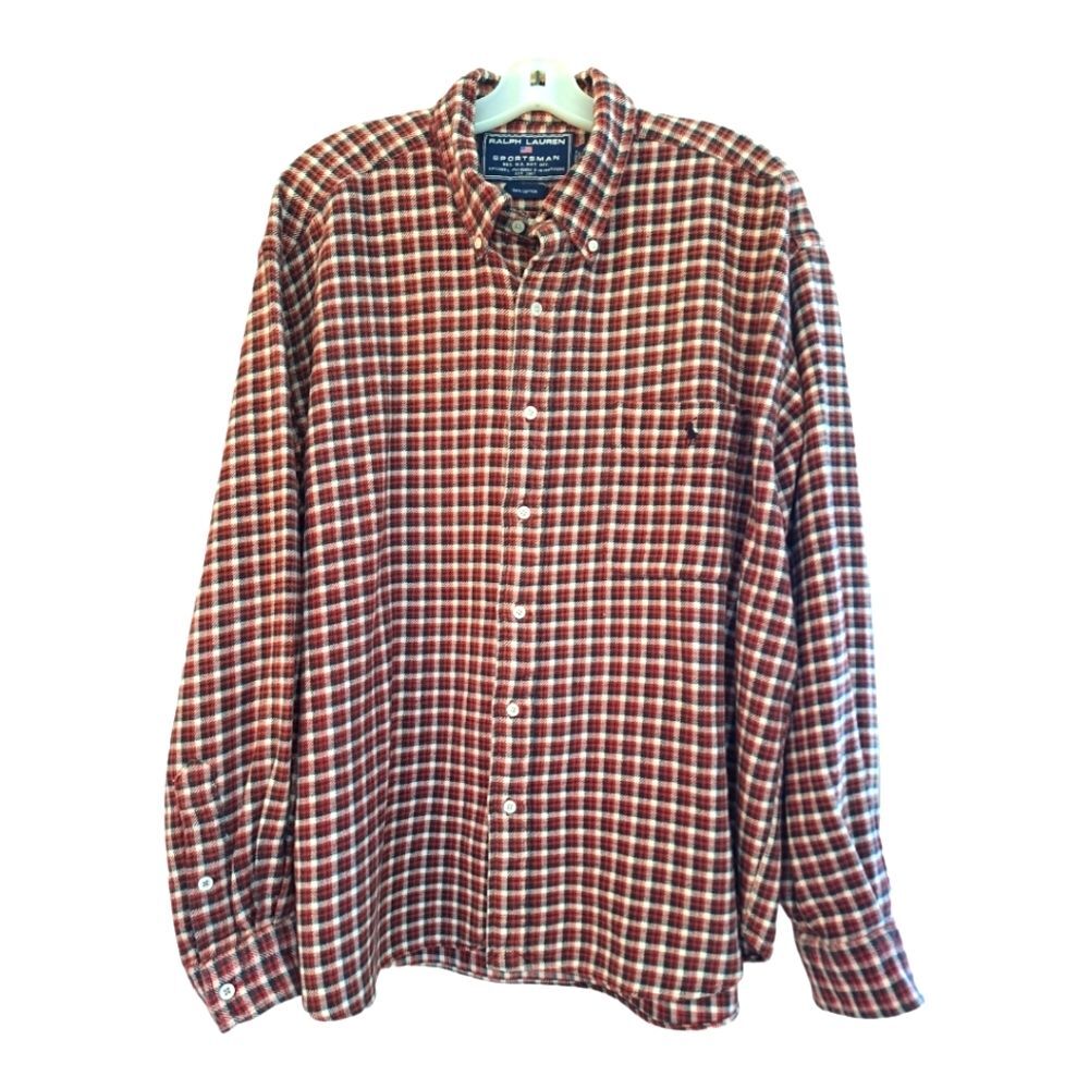 Ralph Lauren Sportsman Button Down Flannel Shirt Men's XL Red Black Cotton EUC